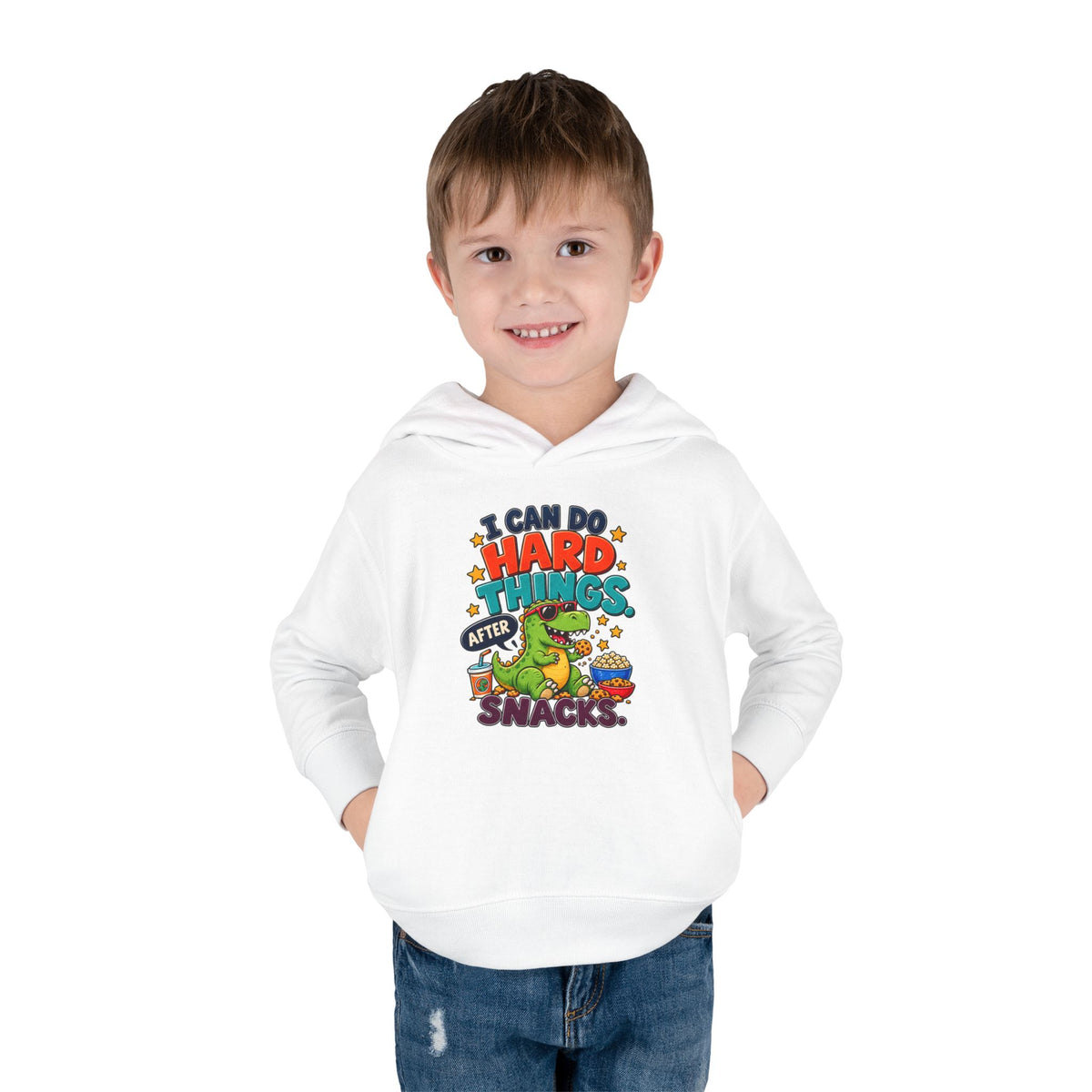 Toddler Hoodie – “I Can Do Hard Things After Snacks” Motivational Dinosaur Pullover