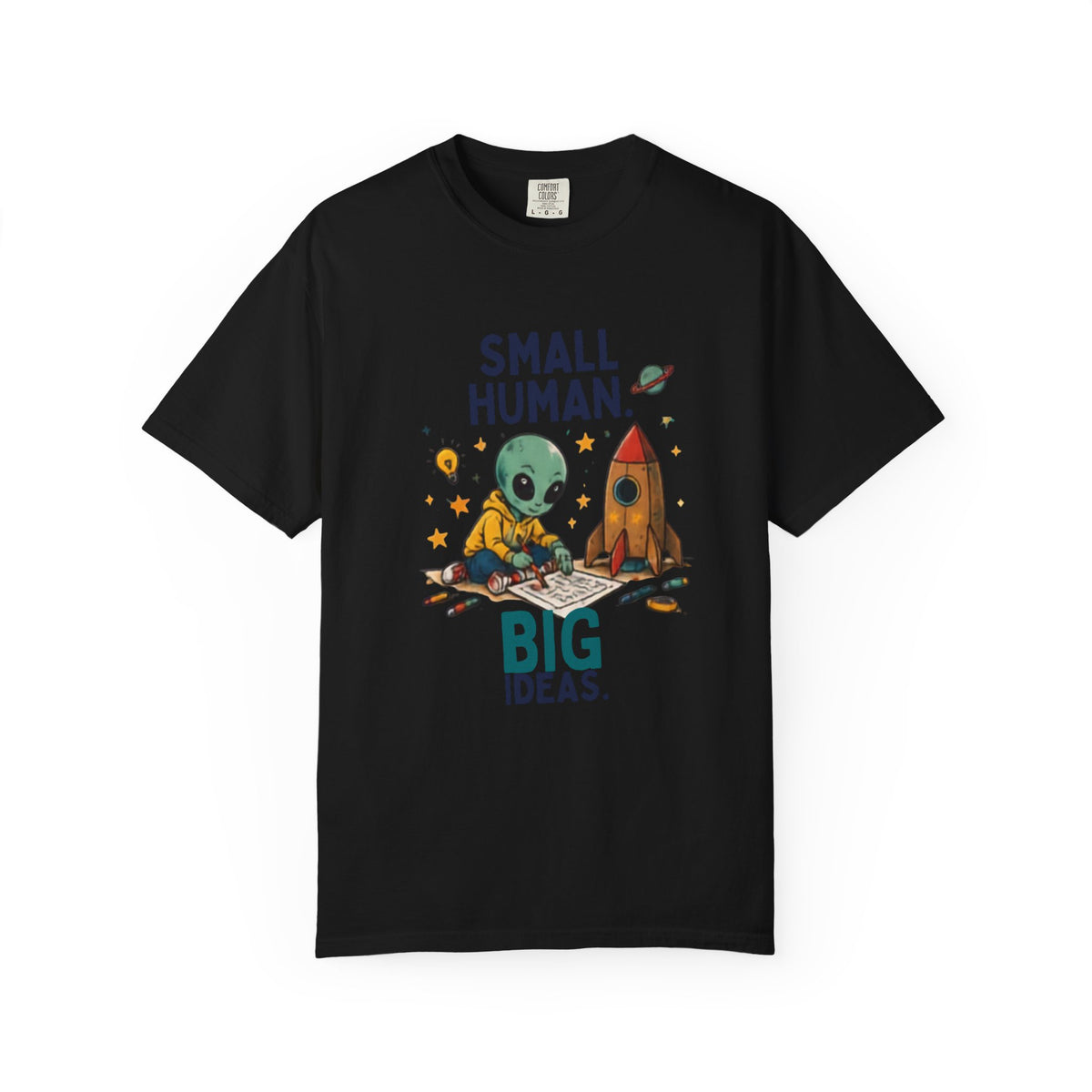 Small Human Big Ideas alien rocket illustration T-shirt | kids space shirt