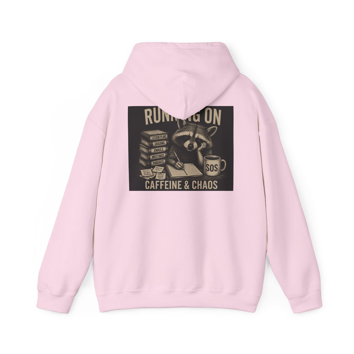 Running on Caffeine & Chaos Hoodie | Raccoon Coffee Stack Illustration