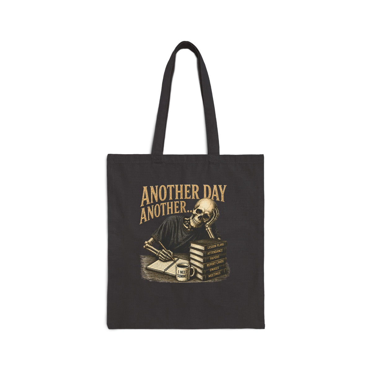 Another Day Another... skeleton reading Tote Bag | vintage skull illustration