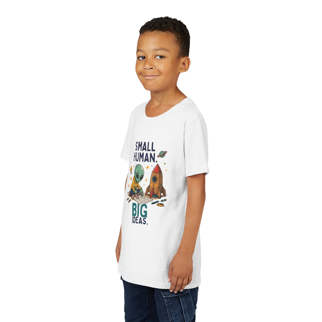 Small Human Big Ideas Youth Tee | Cute Alien Rocket Kids Shirt