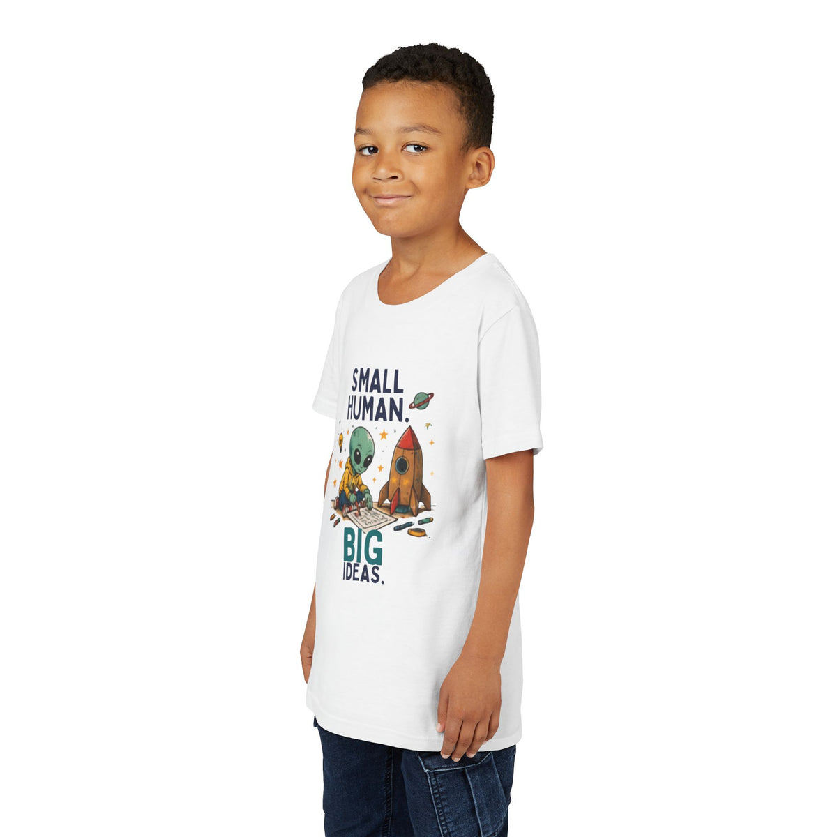 Small Human Big Ideas Youth Tee | Cute Alien Rocket Kids Shirt