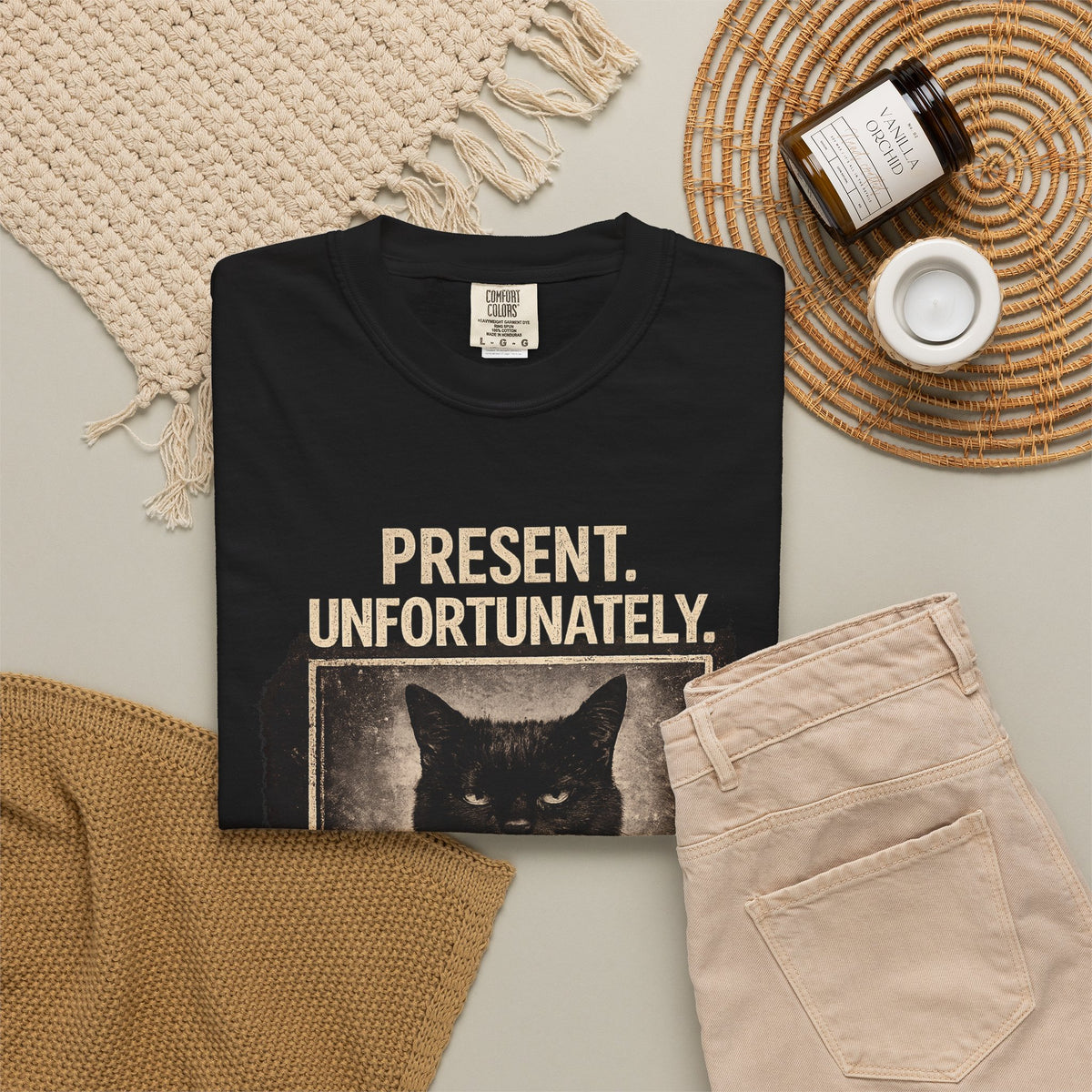 Present Unfortunately Mugshot Cat T-shirt | Vintage Black Cat Portrait