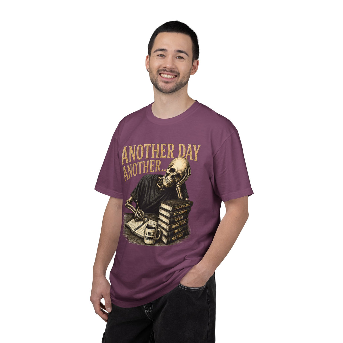 Another Day Another... skeleton study shirt | skull stack of books tee