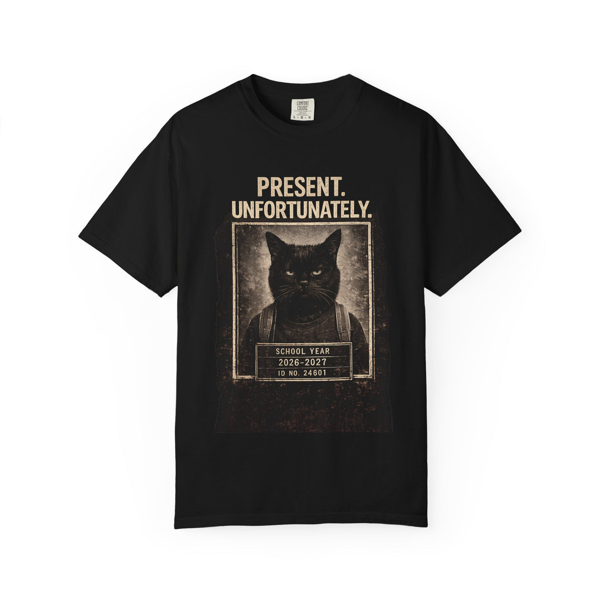Present Unfortunately Mugshot Cat T-shirt | Vintage Black Cat Portrait
