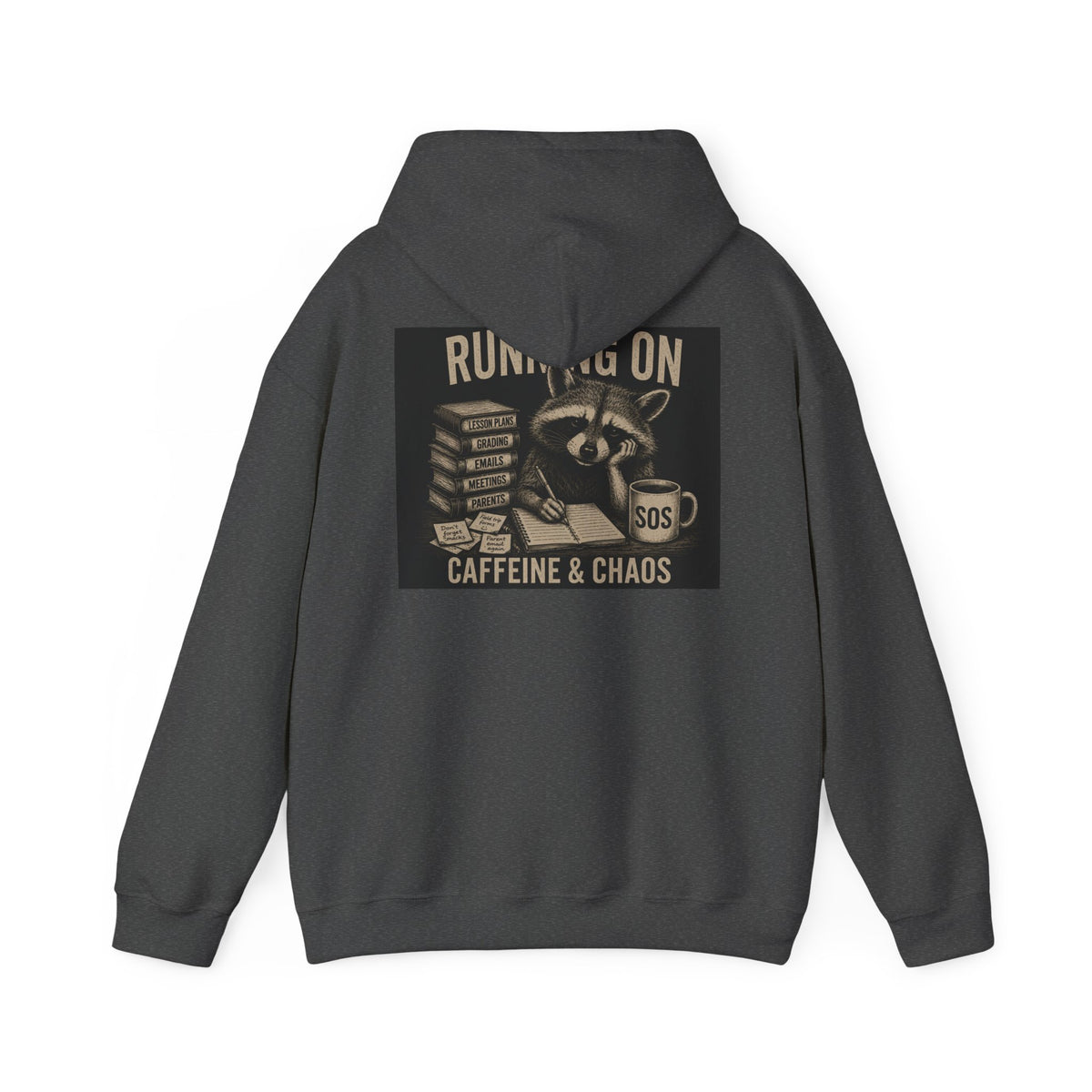 Running on Caffeine & Chaos Hoodie | Raccoon Coffee Stack Illustration