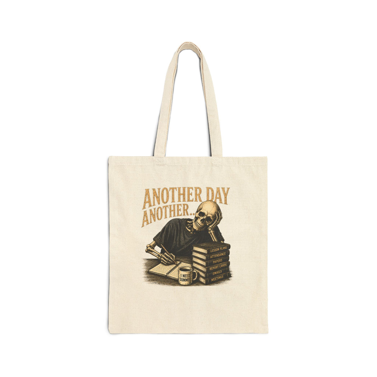 Another Day Another... skeleton reading Tote Bag | vintage skull illustration