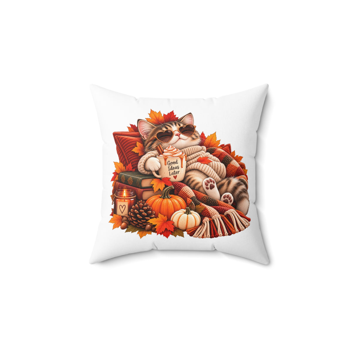 Cozy Fall Cat Square Pillow – Pumpkin Spice Autumn Decor