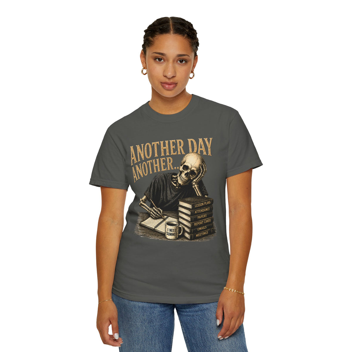 Another Day Another... skeleton study shirt | skull stack of books tee