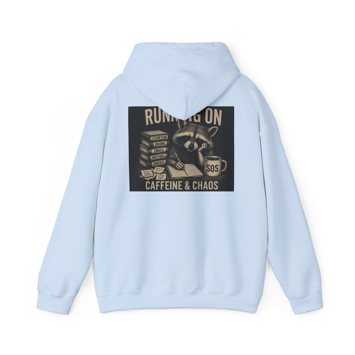 Running on Caffeine & Chaos Hoodie | Raccoon Coffee Stack Illustration