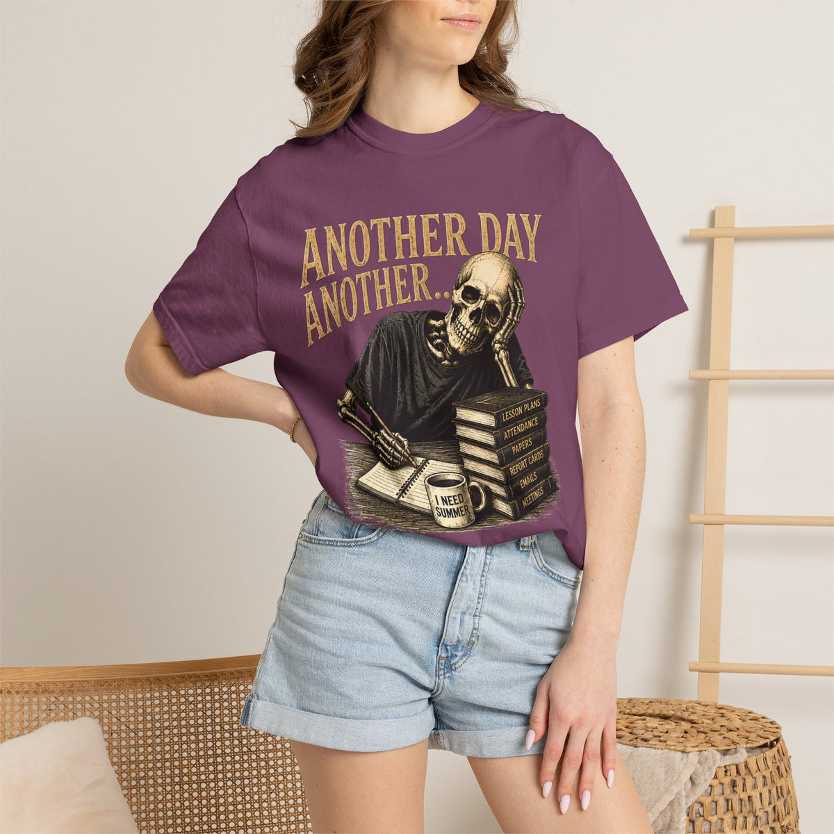Another Day Another... skeleton study shirt | skull stack of books tee