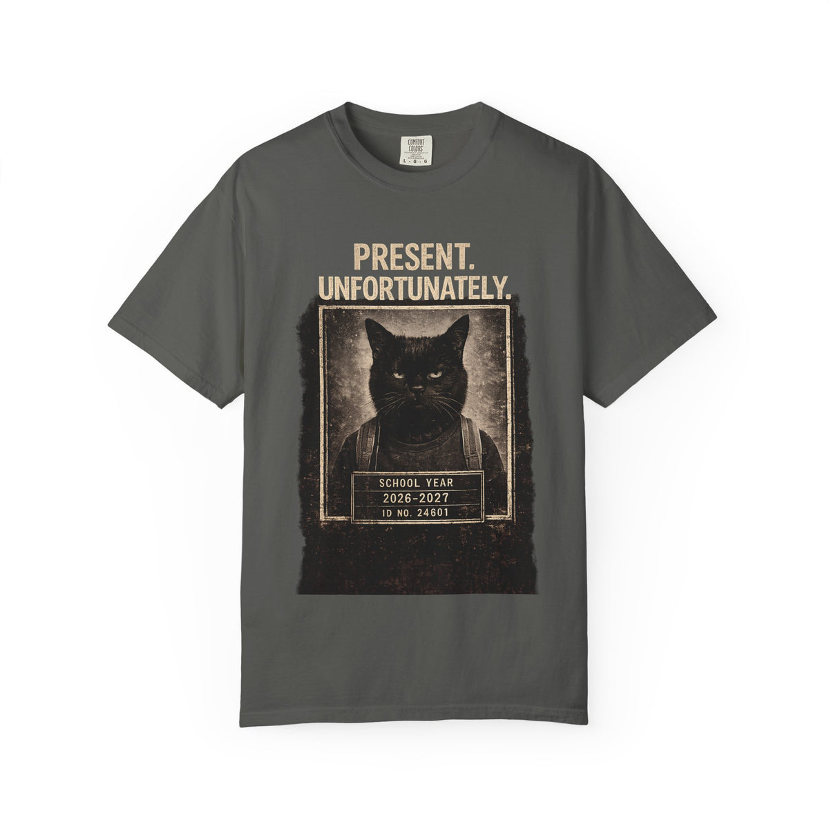 Present Unfortunately Mugshot Cat T-shirt | Vintage Black Cat Portrait