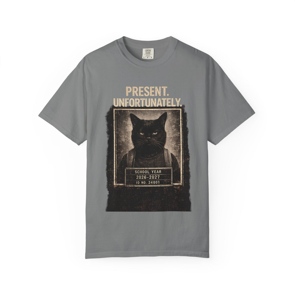 Present Unfortunately Mugshot Cat T-shirt | Vintage Black Cat Portrait