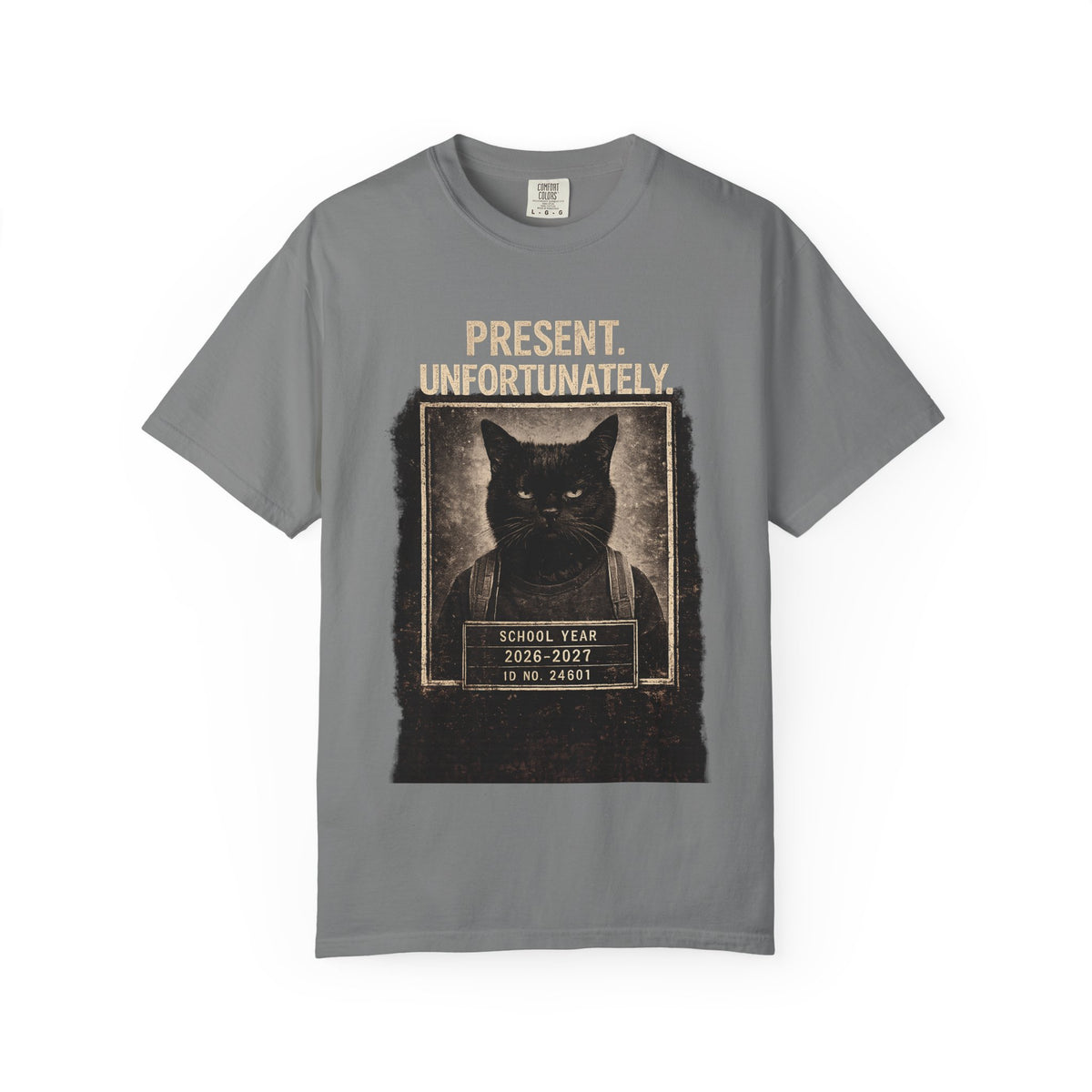 Present Unfortunately Mugshot Cat T-shirt | Vintage Black Cat Portrait