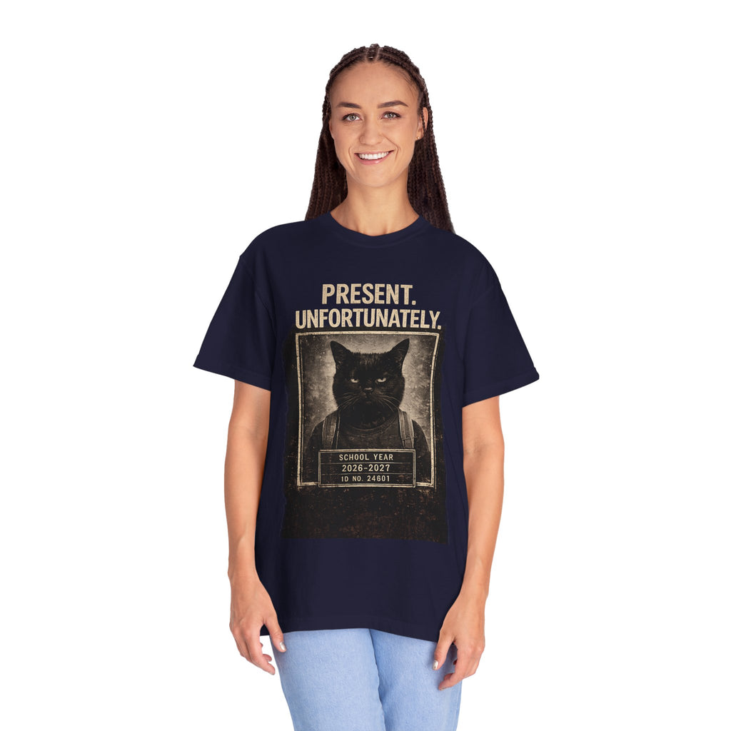 Present Unfortunately Mugshot Cat T-shirt | Vintage Black Cat Portrait