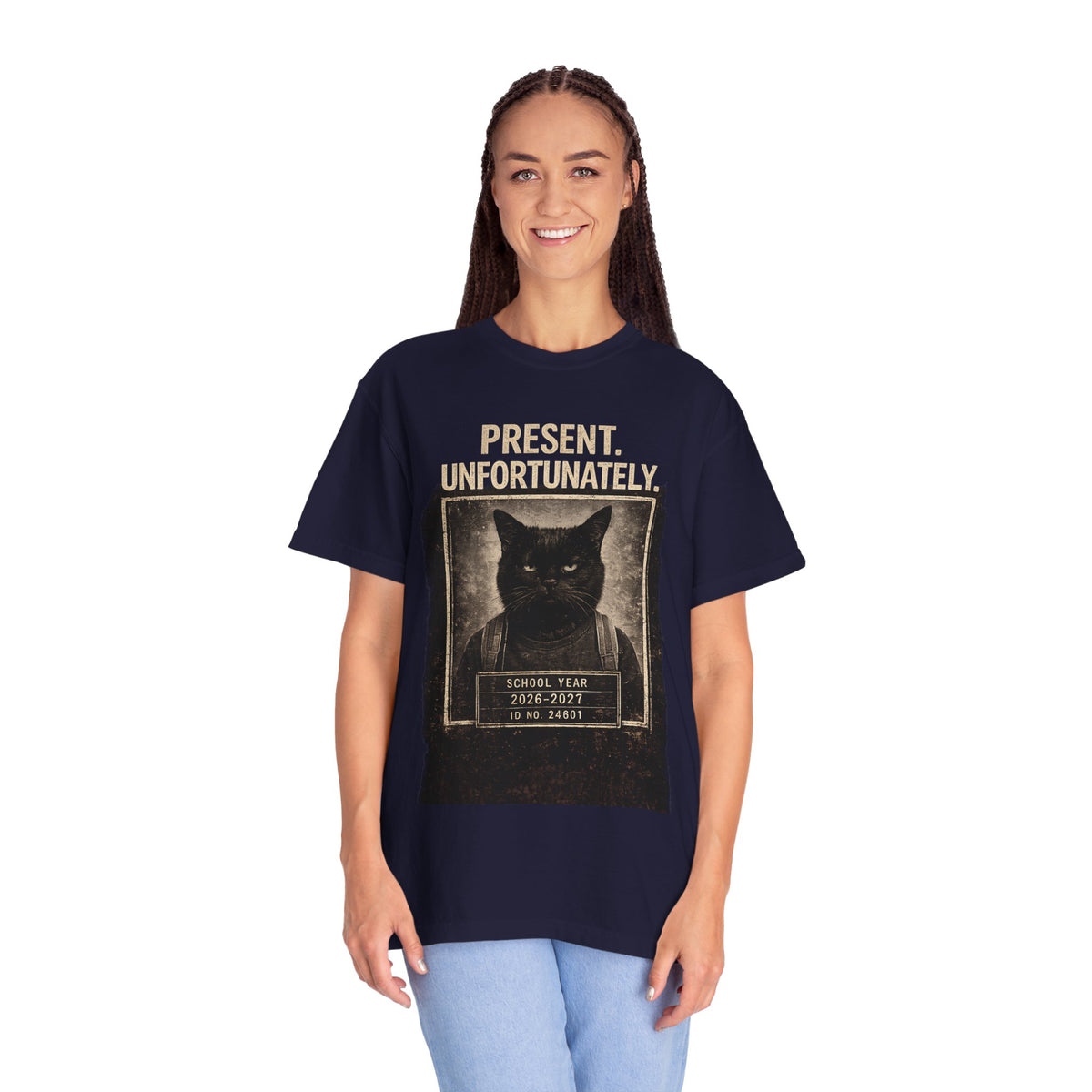 Present Unfortunately Mugshot Cat T-shirt | Vintage Black Cat Portrait