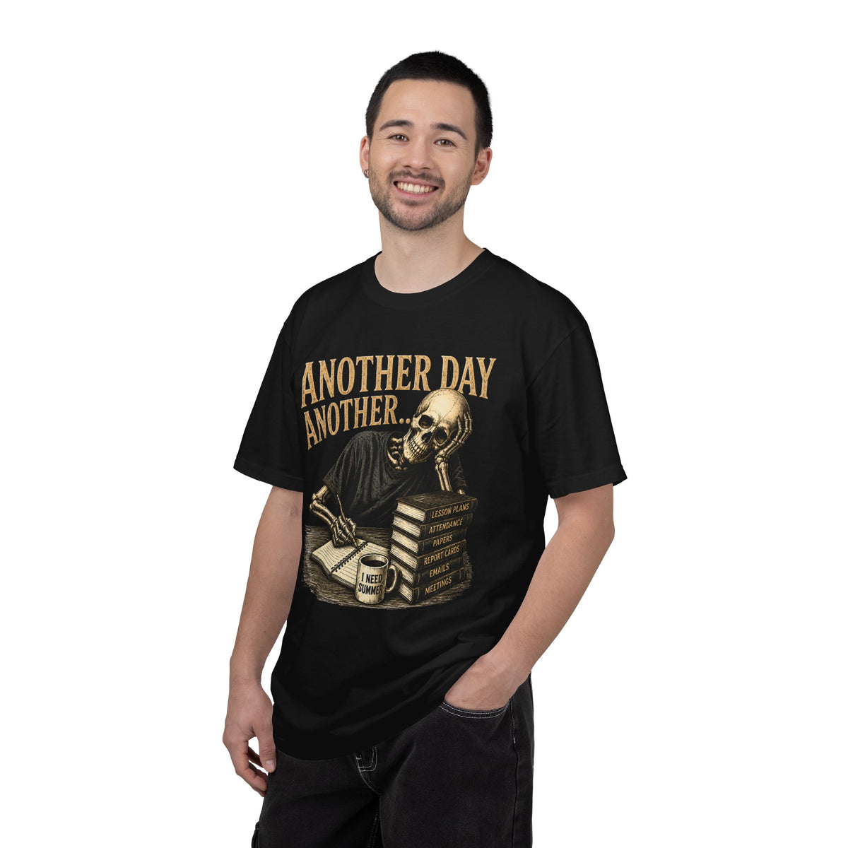 Another Day Another... skeleton study shirt | skull stack of books tee