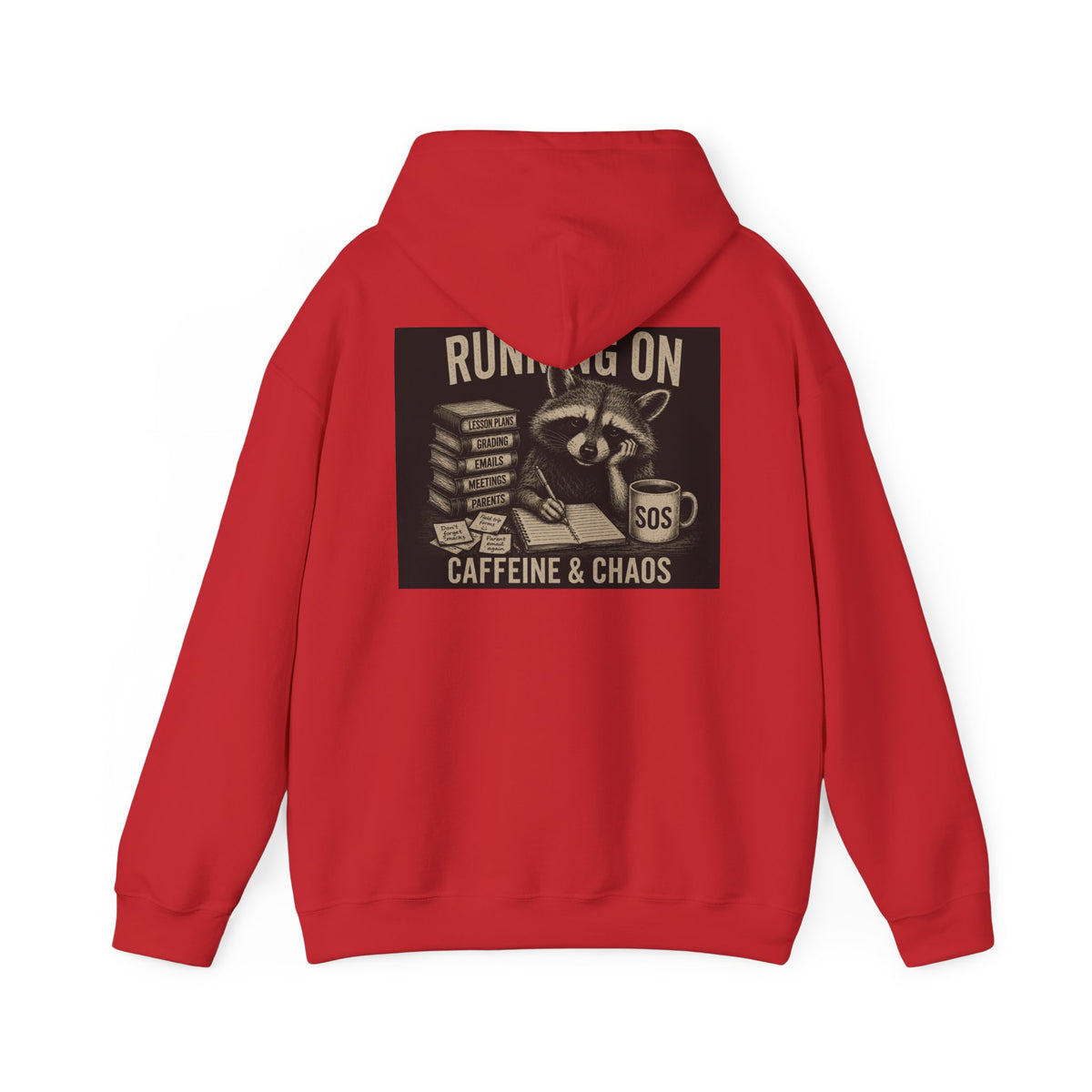 Running on Caffeine & Chaos Hoodie | Raccoon Coffee Stack Illustration