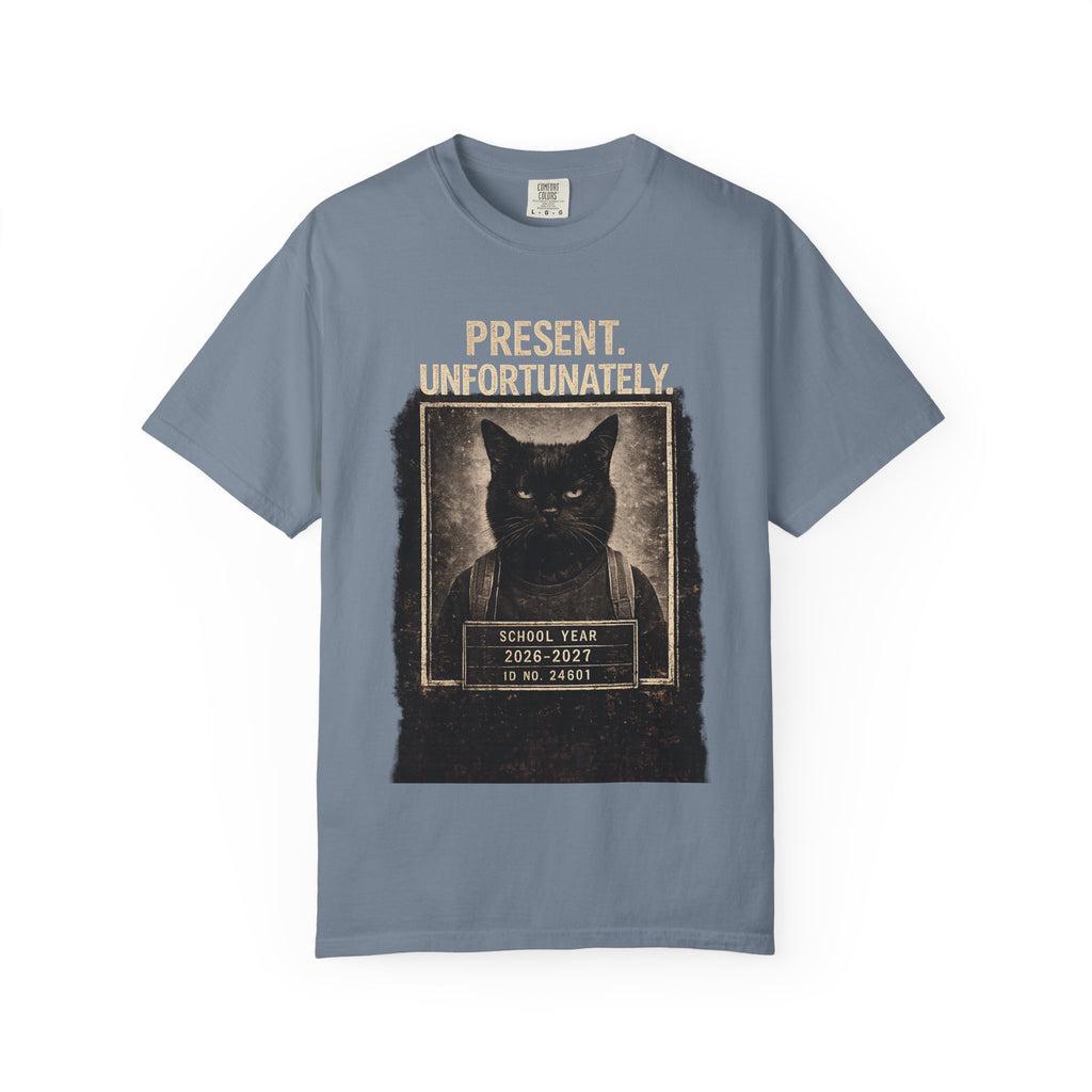 Present Unfortunately Mugshot Cat T-shirt | Vintage Black Cat Portrait