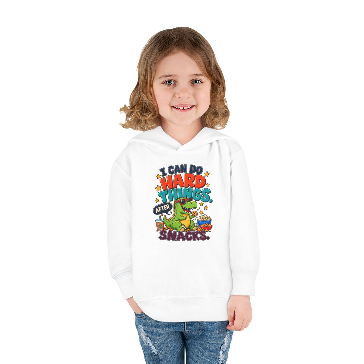 Toddler Hoodie – “I Can Do Hard Things After Snacks” Motivational Dinosaur Pullover