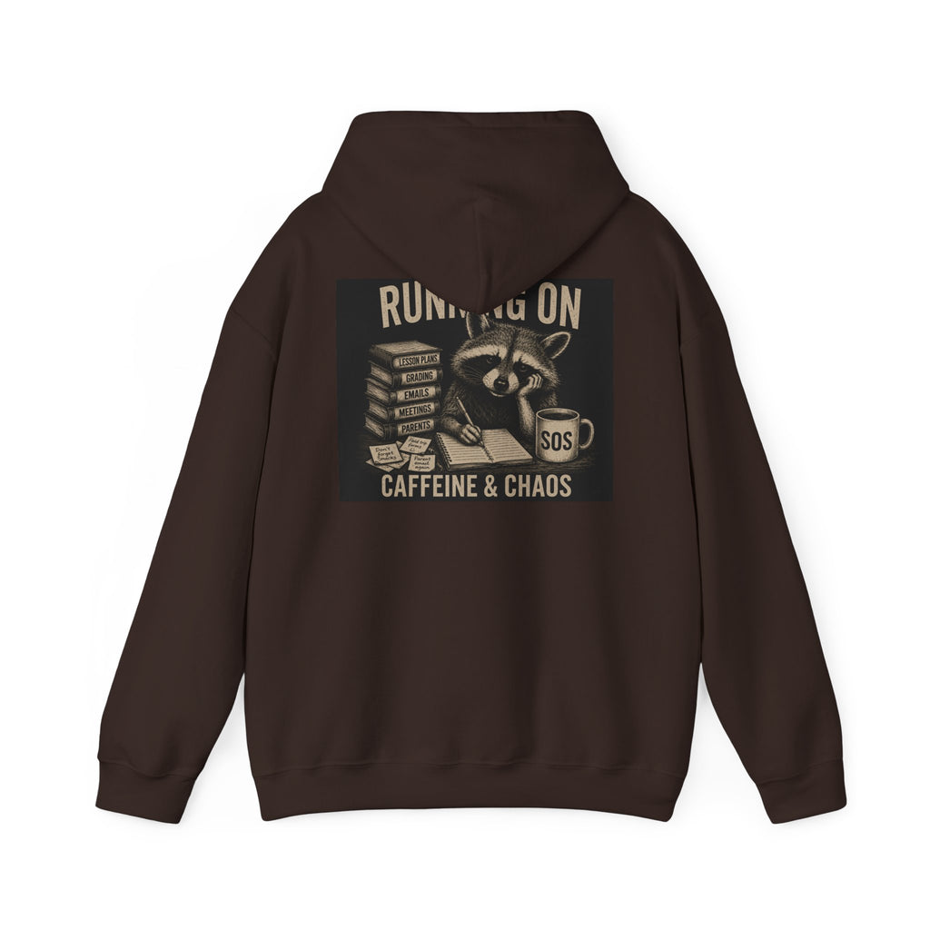 Running on Caffeine & Chaos Hoodie | Raccoon Coffee Stack Illustration