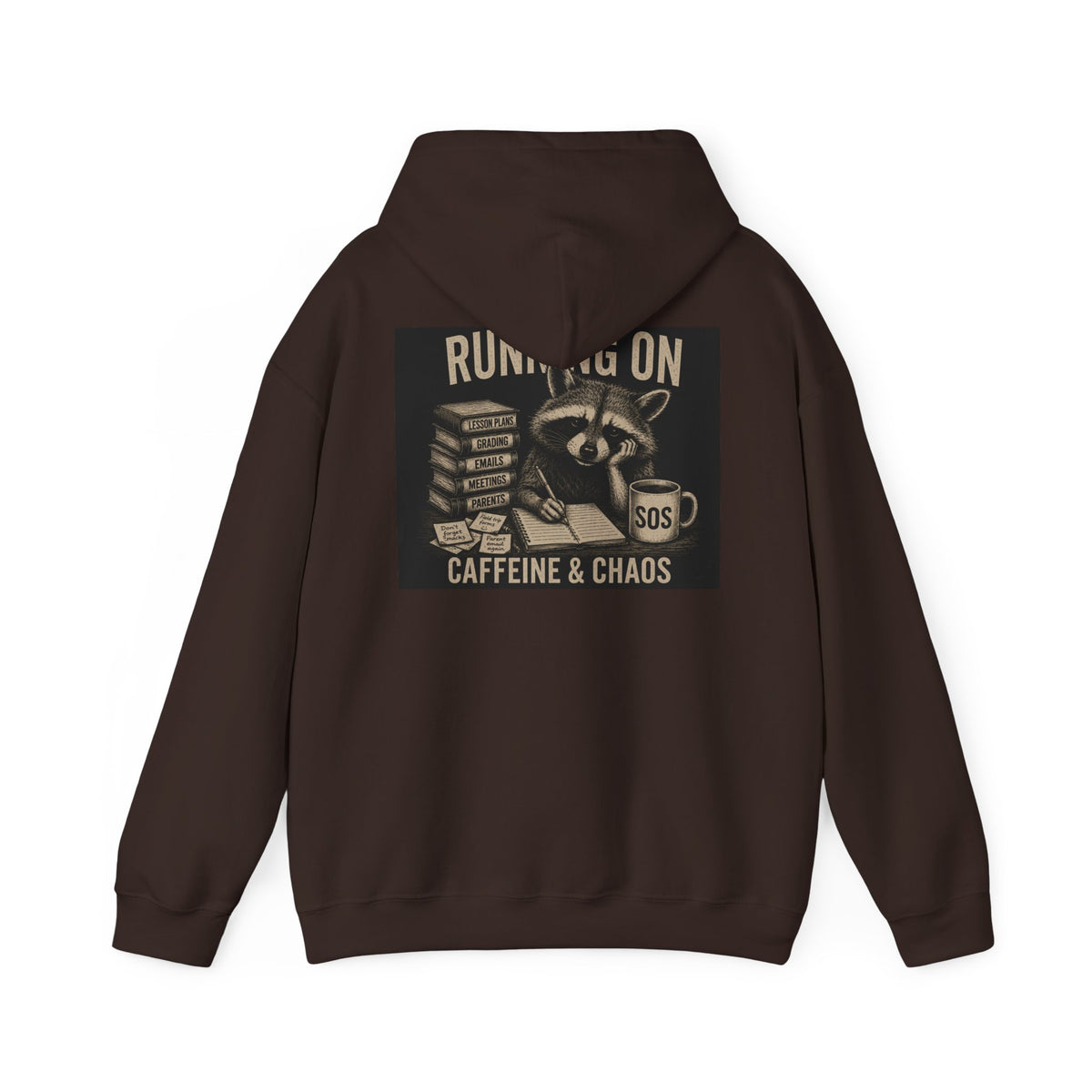 Running on Caffeine & Chaos Hoodie | Raccoon Coffee Stack Illustration