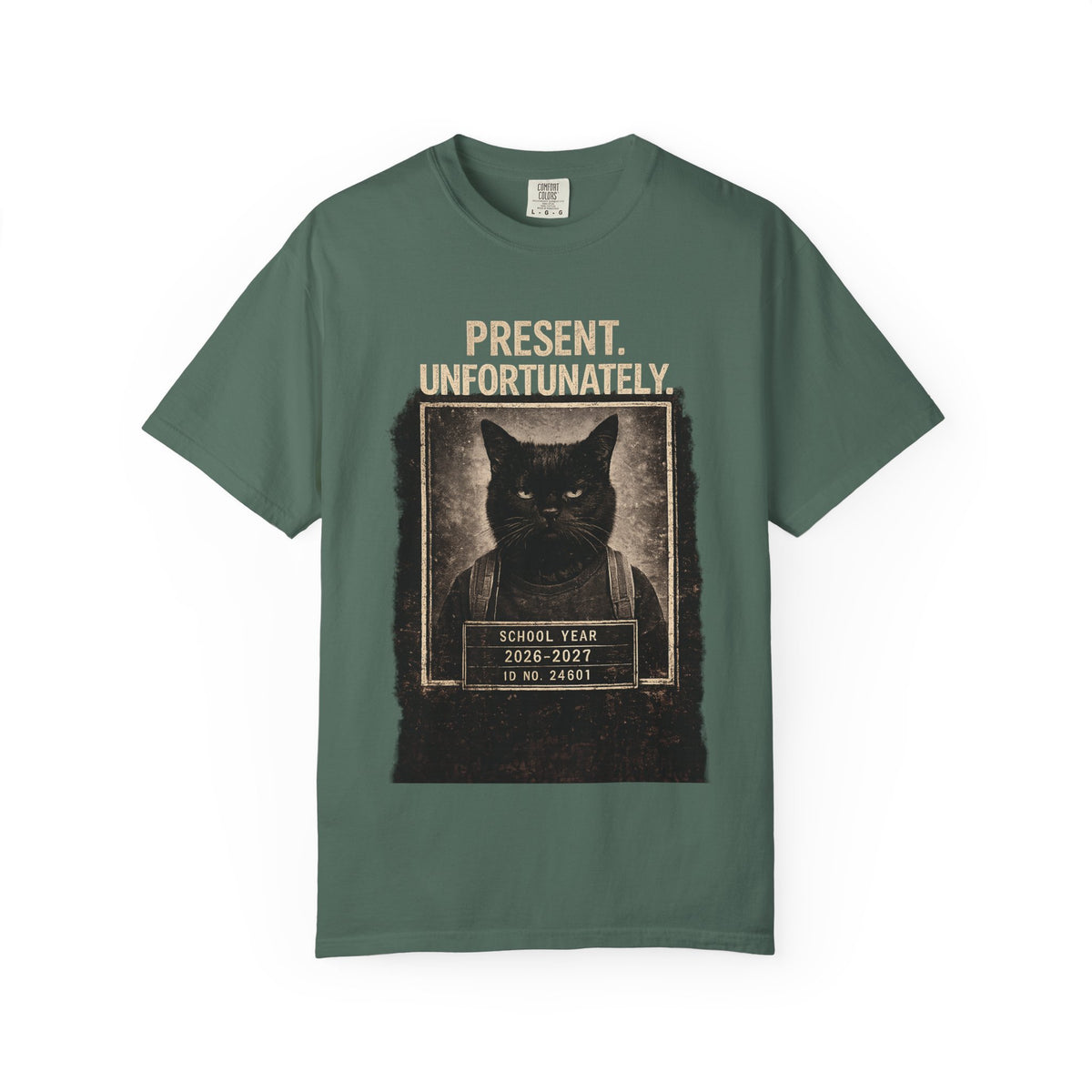 Present Unfortunately Mugshot Cat T-shirt | Vintage Black Cat Portrait