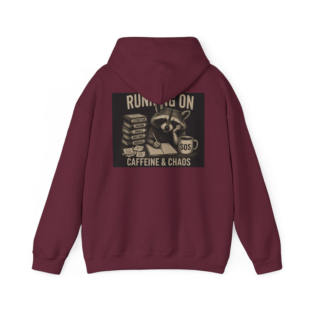 Running on Caffeine & Chaos Hoodie | Raccoon Coffee Stack Illustration
