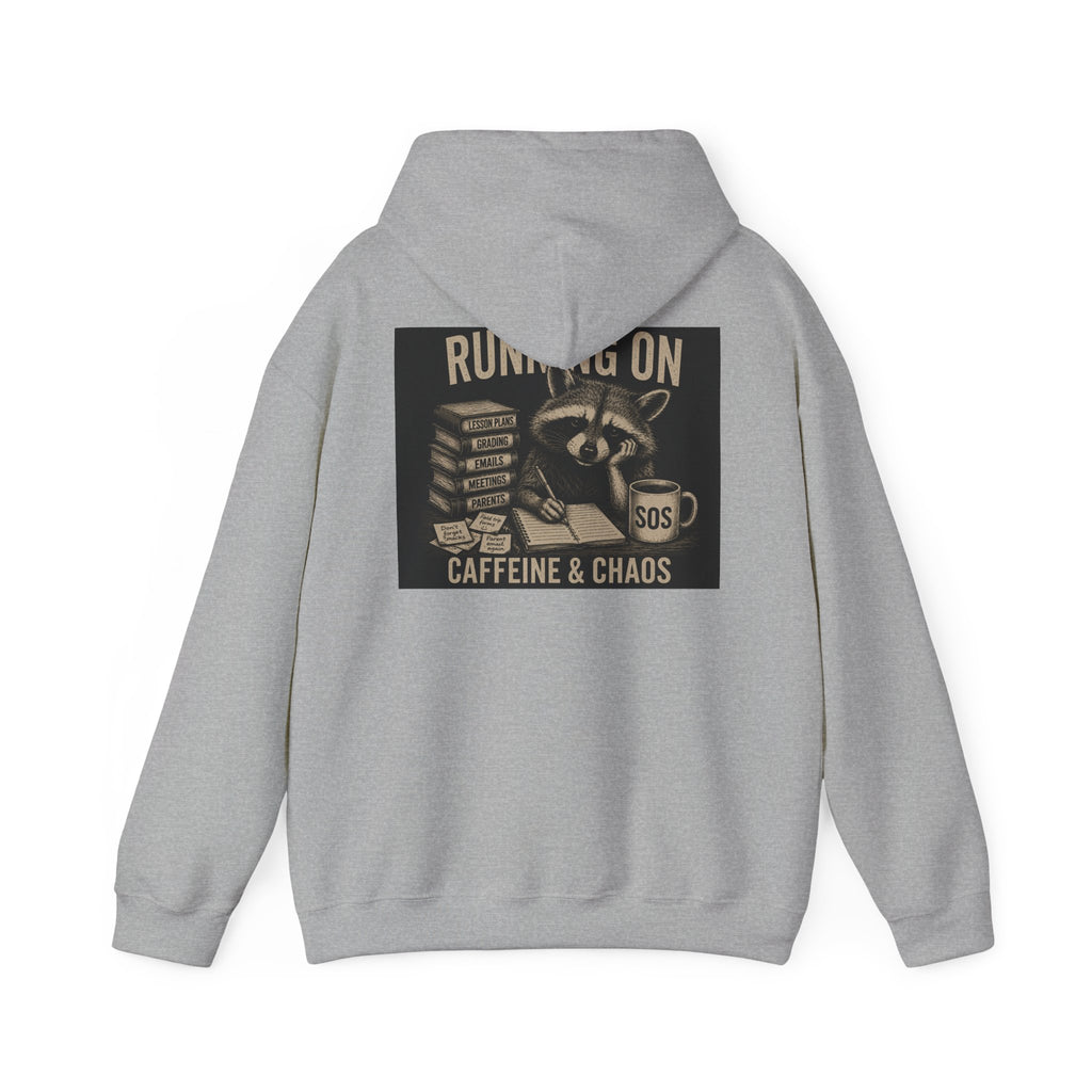 Running on Caffeine & Chaos Hoodie | Raccoon Coffee Stack Illustration