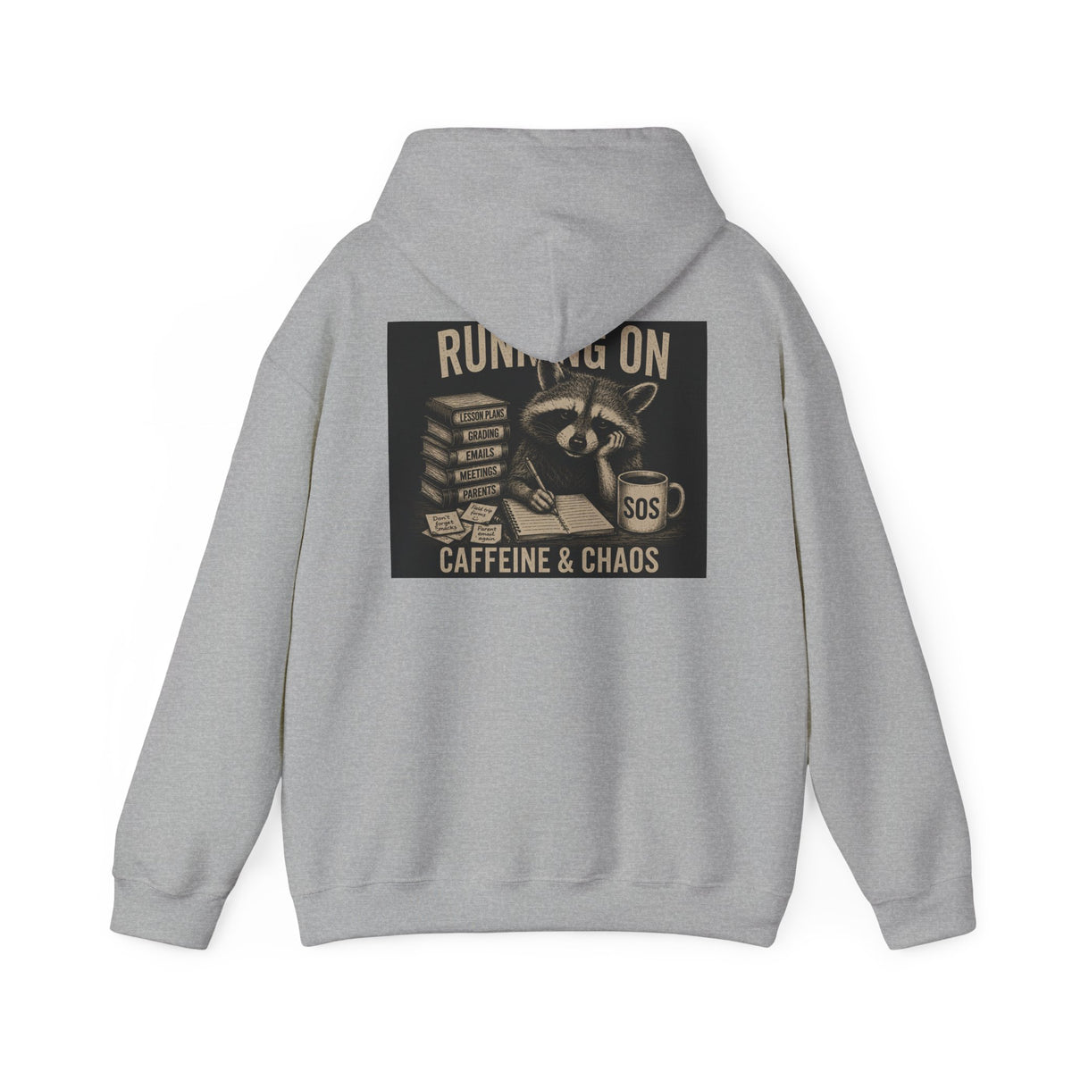 Running on Caffeine & Chaos Hoodie | Raccoon Coffee Stack Illustration