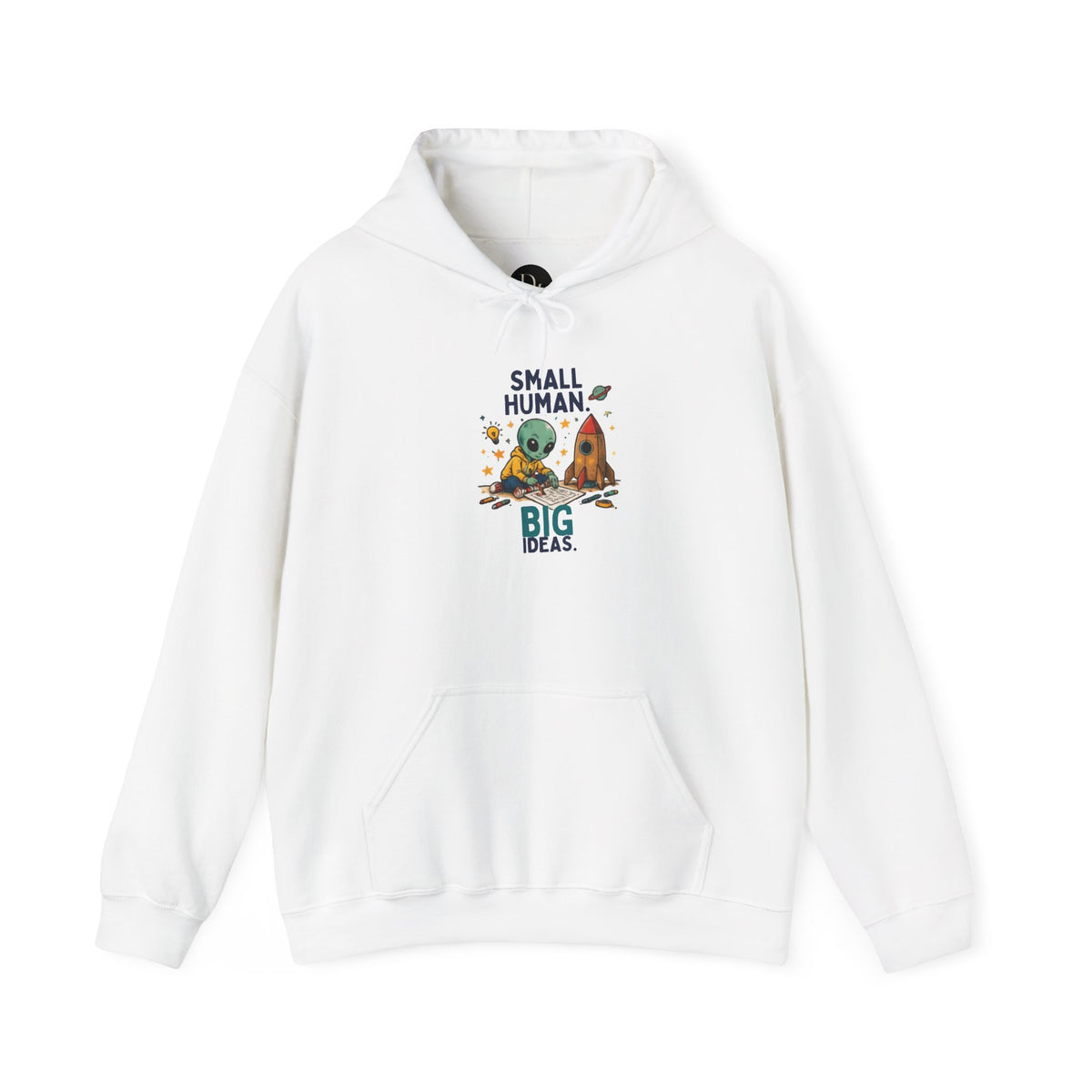 Small Human, Big Deal hoodie with cute creature illustration, front view