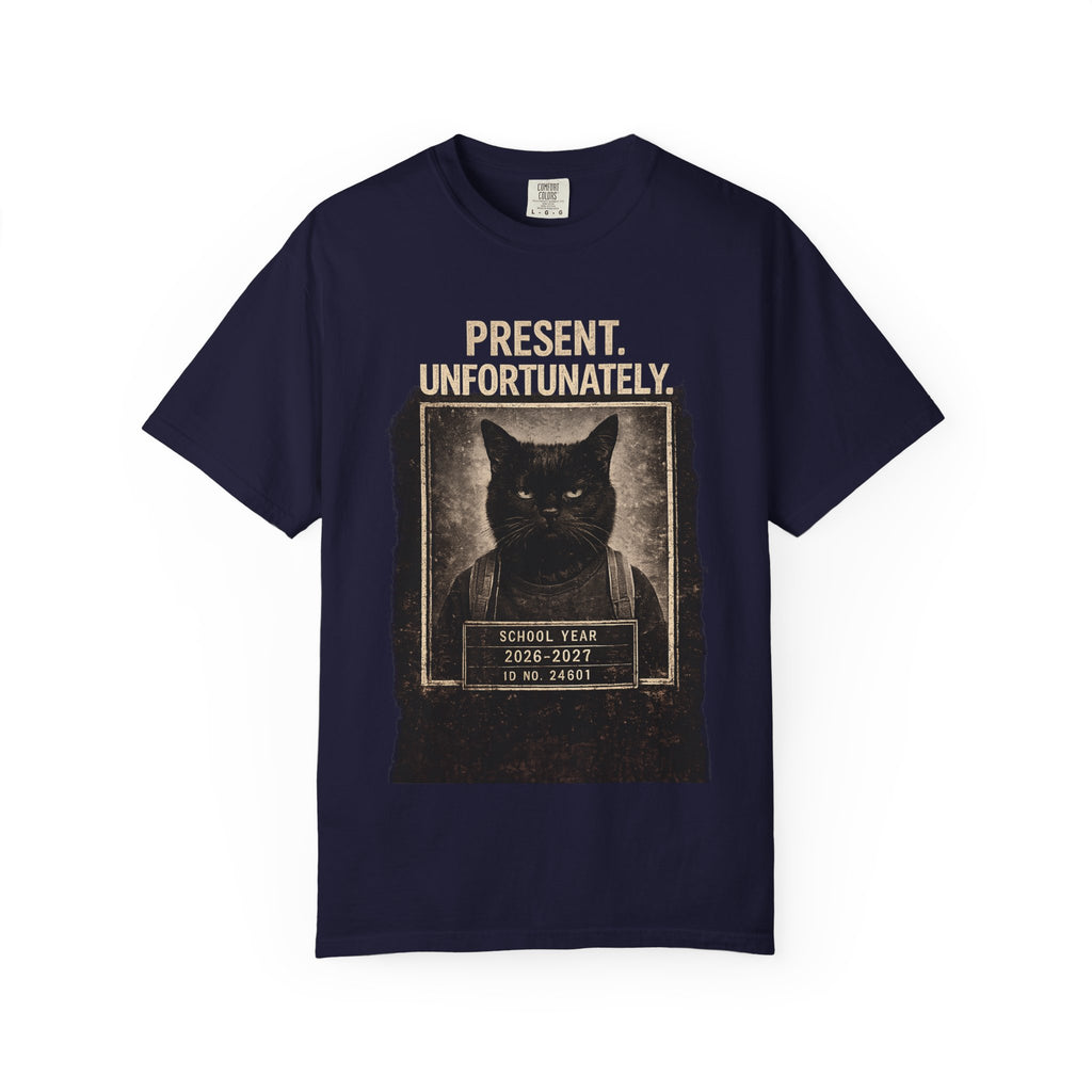 Present Unfortunately Mugshot Cat T-shirt | Vintage Black Cat Portrait