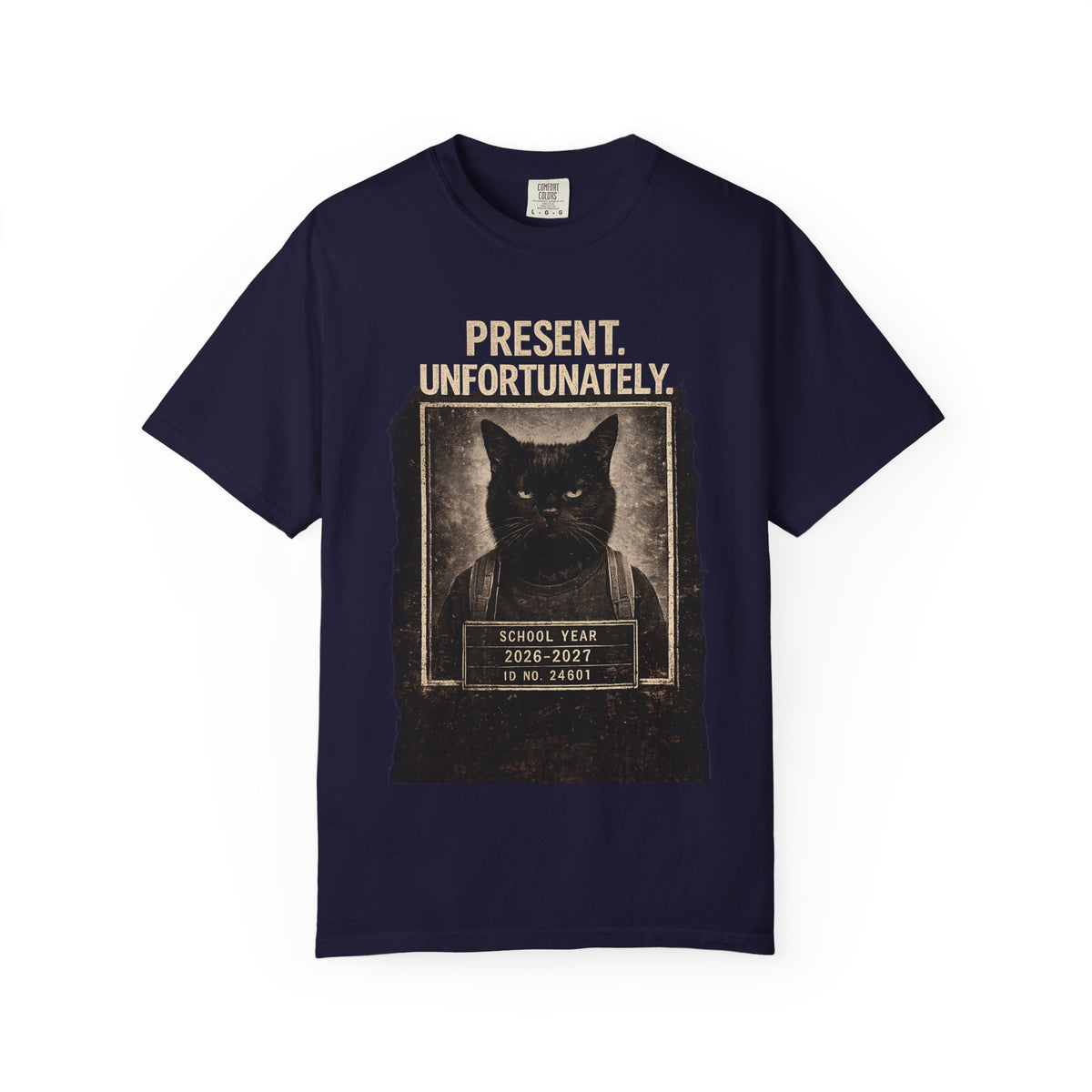 Present Unfortunately Mugshot Cat T-shirt | Vintage Black Cat Portrait