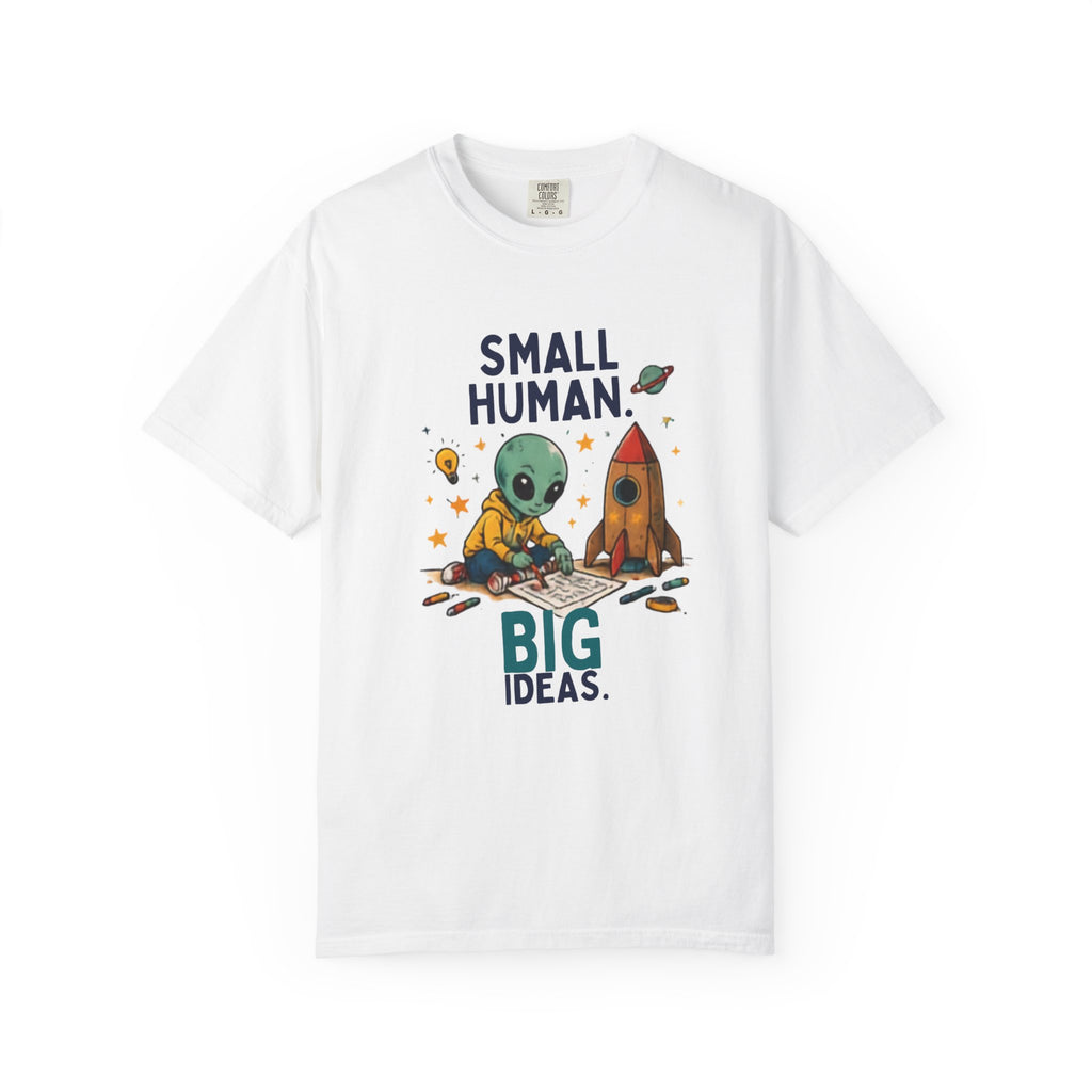 Small Human Big Ideas alien rocket illustration T-shirt | kids space shirt