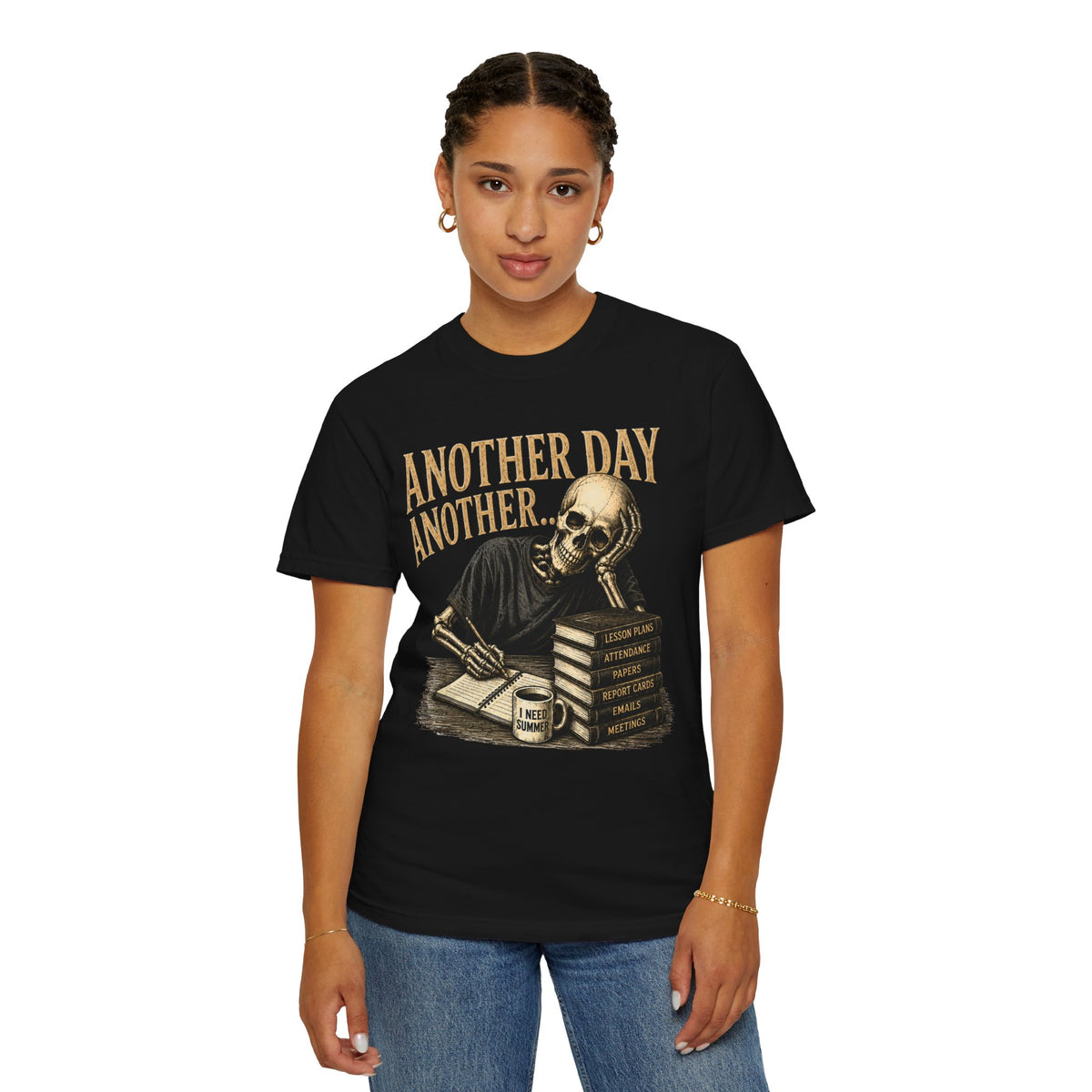 Another Day Another... skeleton study shirt | skull stack of books tee