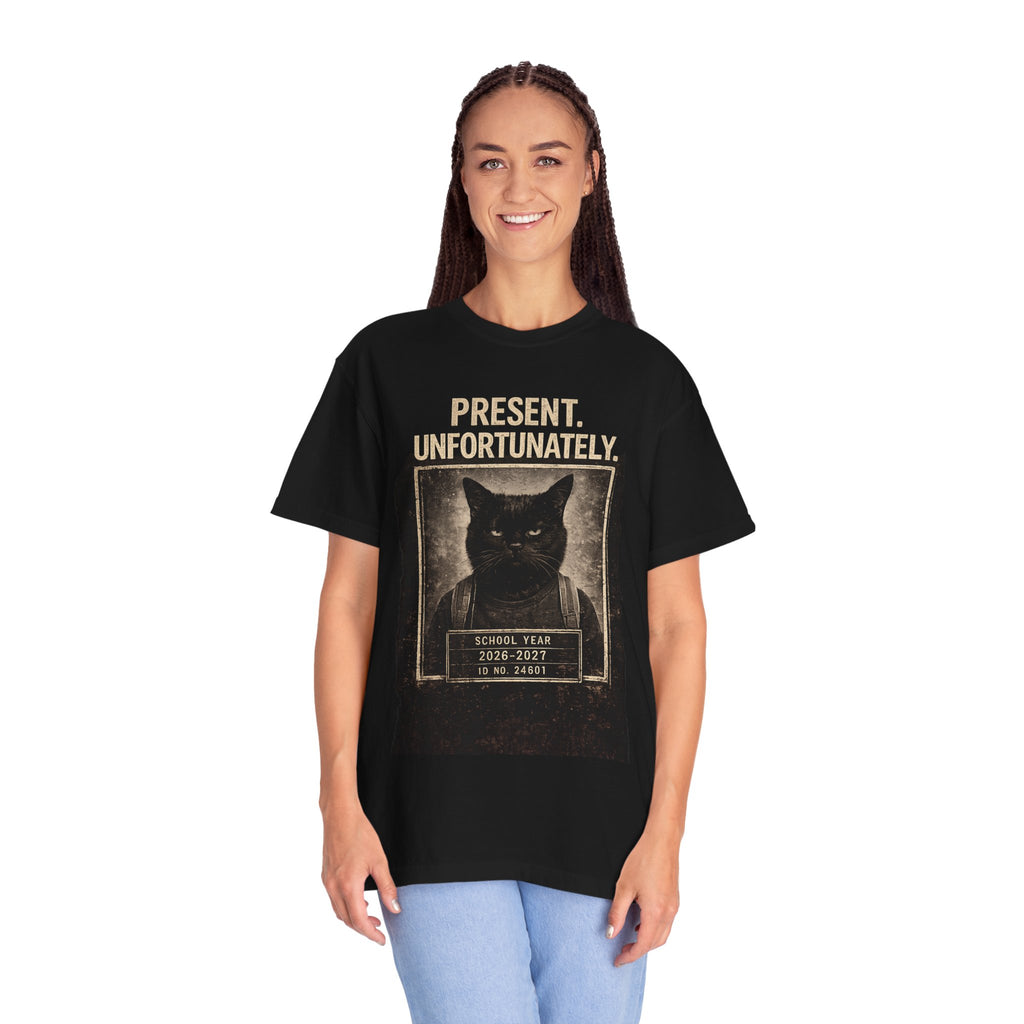 Present Unfortunately Mugshot Cat T-shirt | Vintage Black Cat Portrait